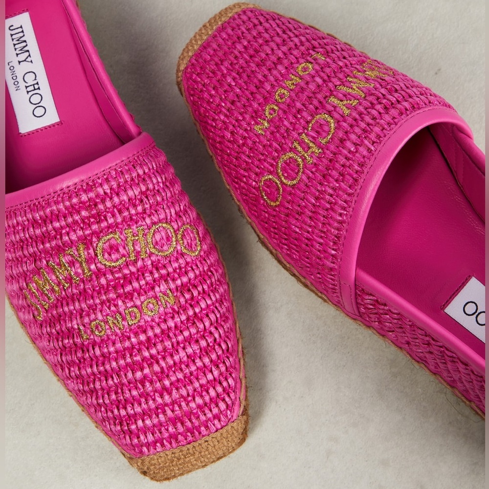 New JIMMY CHOO Brie Flat logo raffia espadrilles $595 37